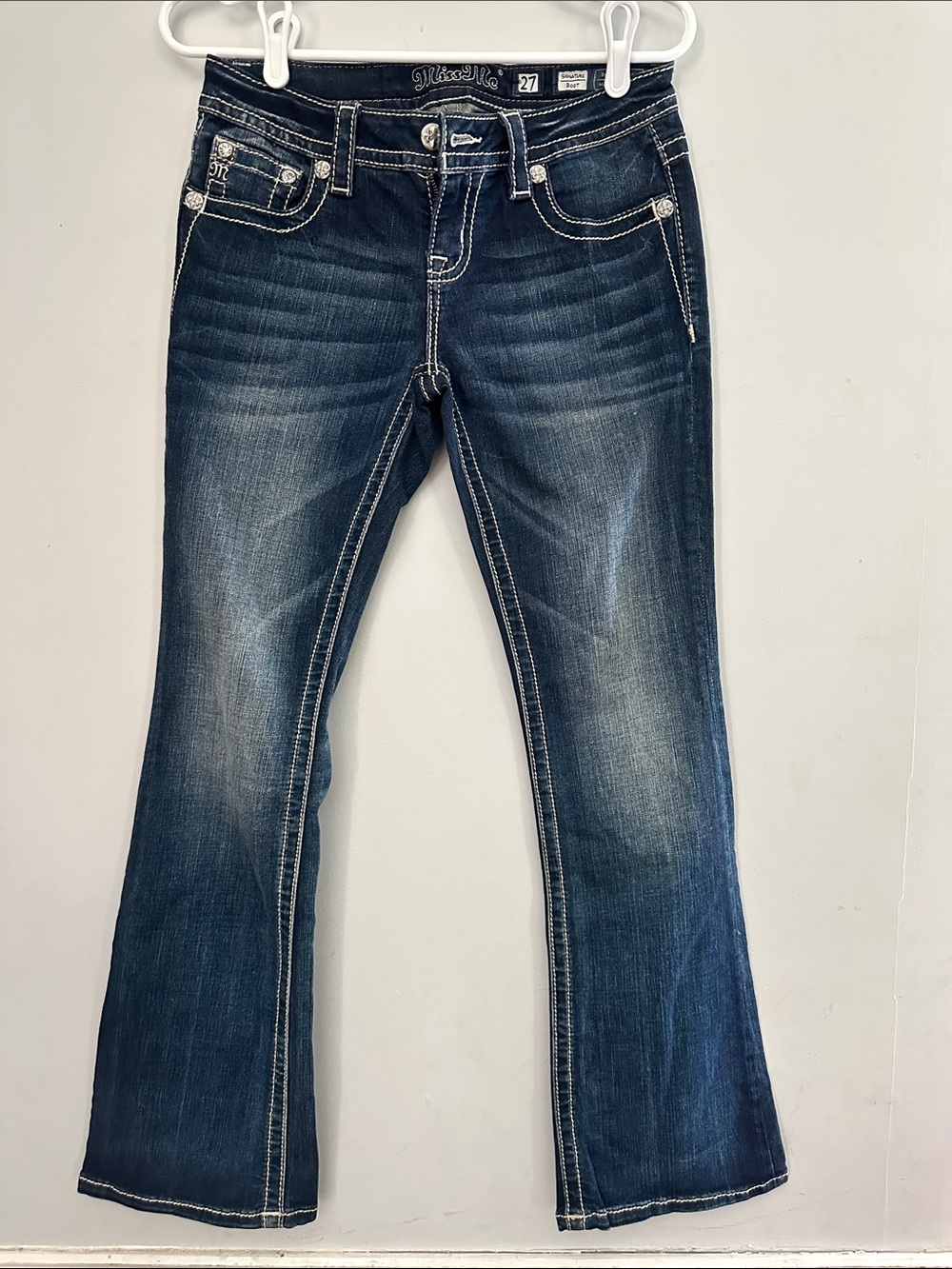 Miss Me Dark Blue Flare Jeans with Contrast Stitching